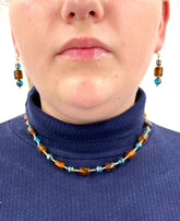 This Golden Brown and Teal Necklace and Earrings is Sure to Please! New! - RealThreads